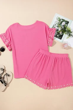 Hot Dear-Lover Textured Pearled Ruffle Sleeve Top 2 Piece Shorts Set Bright Pink
