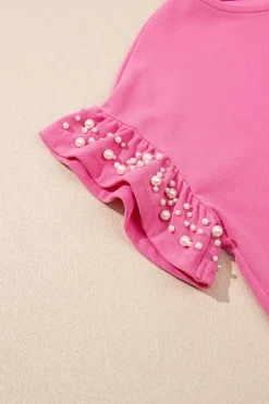 Hot Dear-Lover Textured Pearled Ruffle Sleeve Top 2 Piece Shorts Set Bright Pink