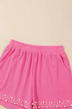 Hot Dear-Lover Textured Pearled Ruffle Sleeve Top 2 Piece Shorts Set Bright Pink