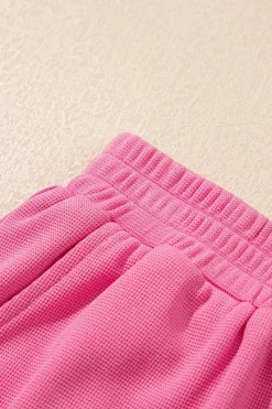 Hot Dear-Lover Textured Pearled Ruffle Sleeve Top 2 Piece Shorts Set Bright Pink