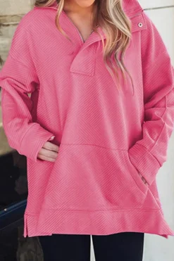 Hot Dear-Lover Textured Zipped Neckline Kangaroo Pocket Sweatshirt Bright Pink