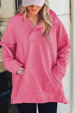 Hot Dear-Lover Textured Zipped Neckline Kangaroo Pocket Sweatshirt Bright Pink