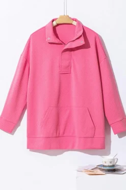 Hot Dear-Lover Textured Zipped Neckline Kangaroo Pocket Sweatshirt Bright Pink