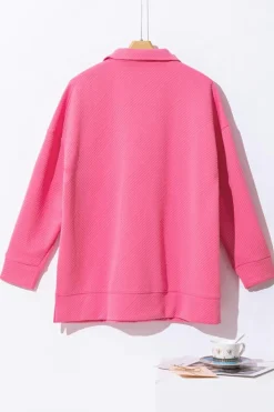 Hot Dear-Lover Textured Zipped Neckline Kangaroo Pocket Sweatshirt Bright Pink