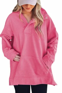 Hot Dear-Lover Textured Zipped Neckline Kangaroo Pocket Sweatshirt Bright Pink