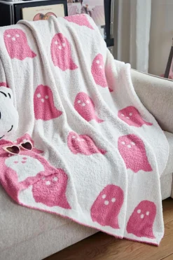 Discount Dear-Lover Two-Tone Colorblock Halloween Cute Ghost Printed Blanket Bright Pink