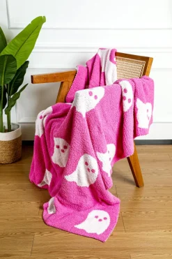 Discount Dear-Lover Two-Tone Colorblock Halloween Cute Ghost Printed Blanket Bright Pink