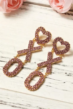 Outlet Dear-Lover Valentine Heart XOXO Rhinestone Earrings Bright Pink