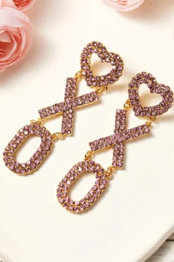 Outlet Dear-Lover Valentine Heart XOXO Rhinestone Earrings Bright Pink