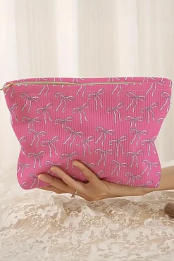 Online Dear-Lover Valentines Fashion Bow Print Ribbed Storage Bag Bright Pink