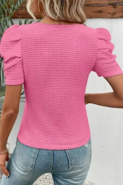 Hot Dear-Lover Waffle Knit Ruched Puff Sleeve Top Bright Pink