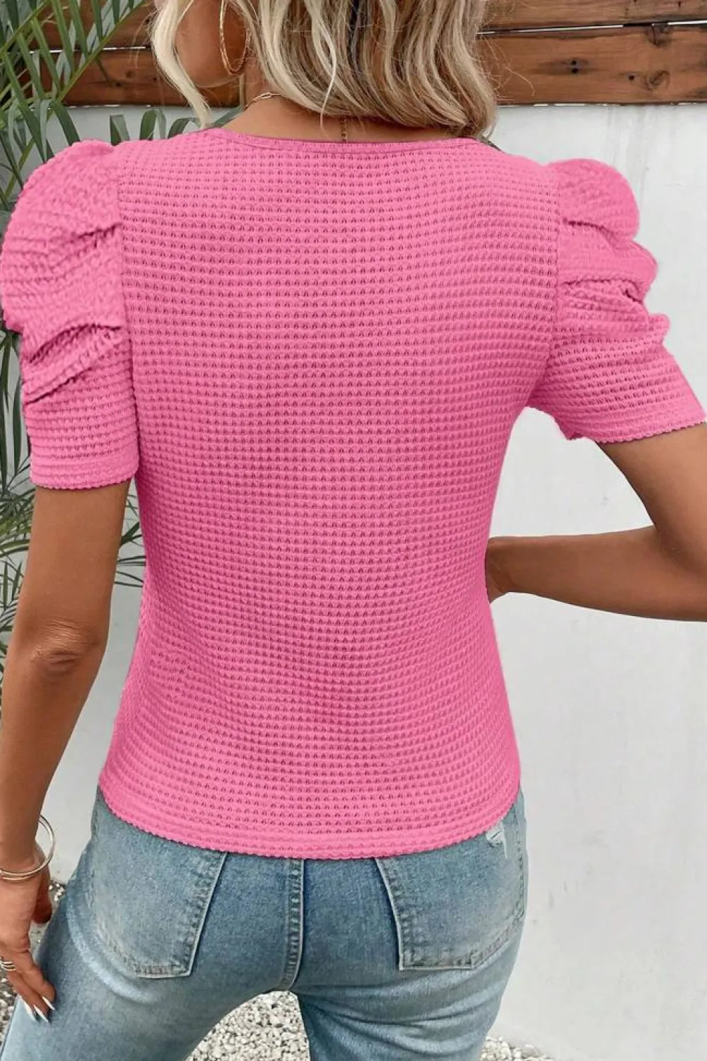 Hot Dear-Lover Waffle Knit Ruched Puff Sleeve Top Bright Pink