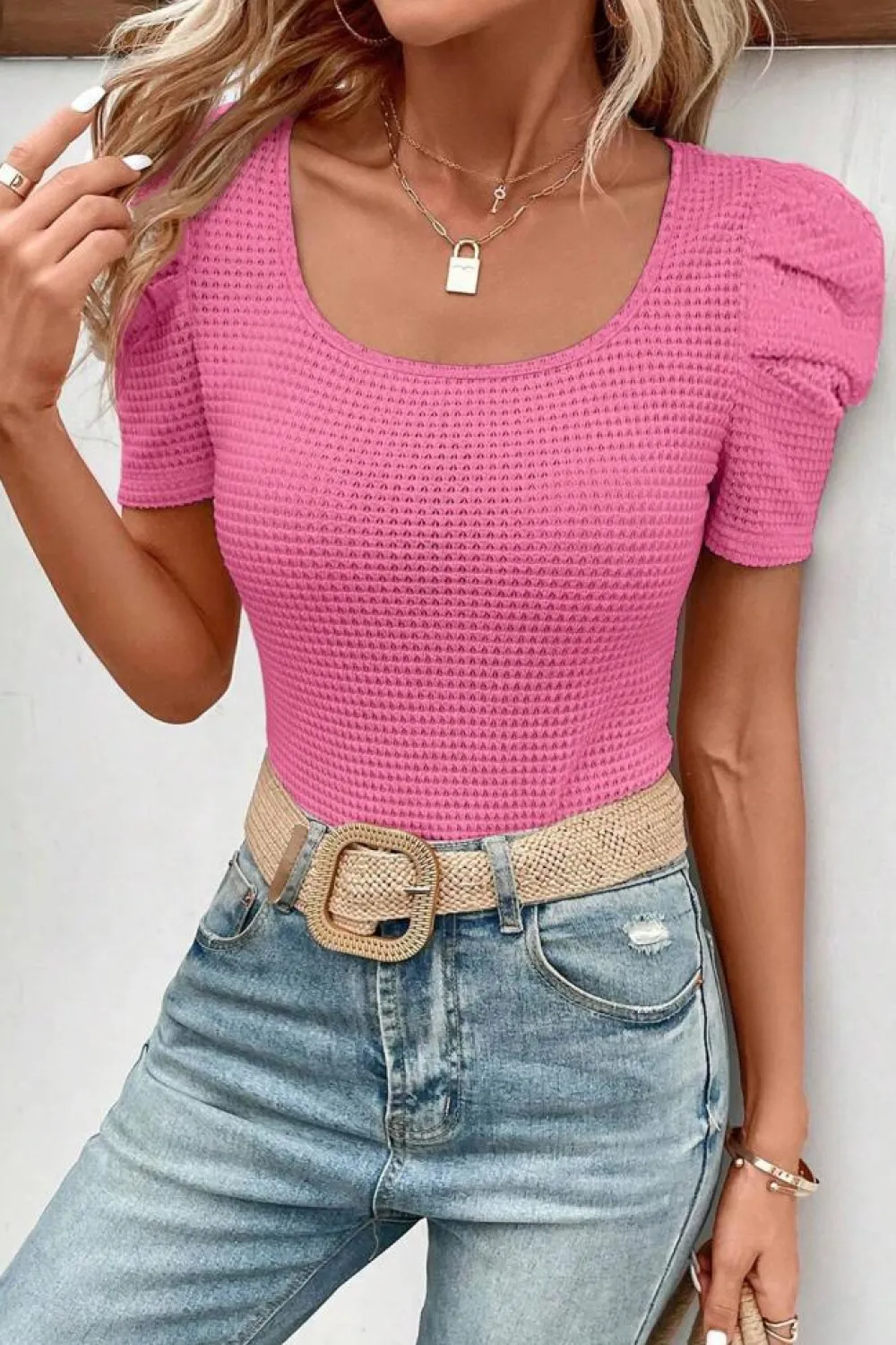 Hot Dear-Lover Waffle Knit Ruched Puff Sleeve Top Bright Pink