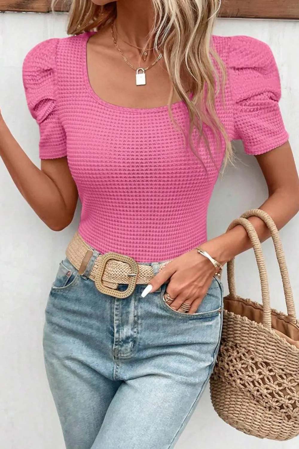 Hot Dear-Lover Waffle Knit Ruched Puff Sleeve Top Bright Pink