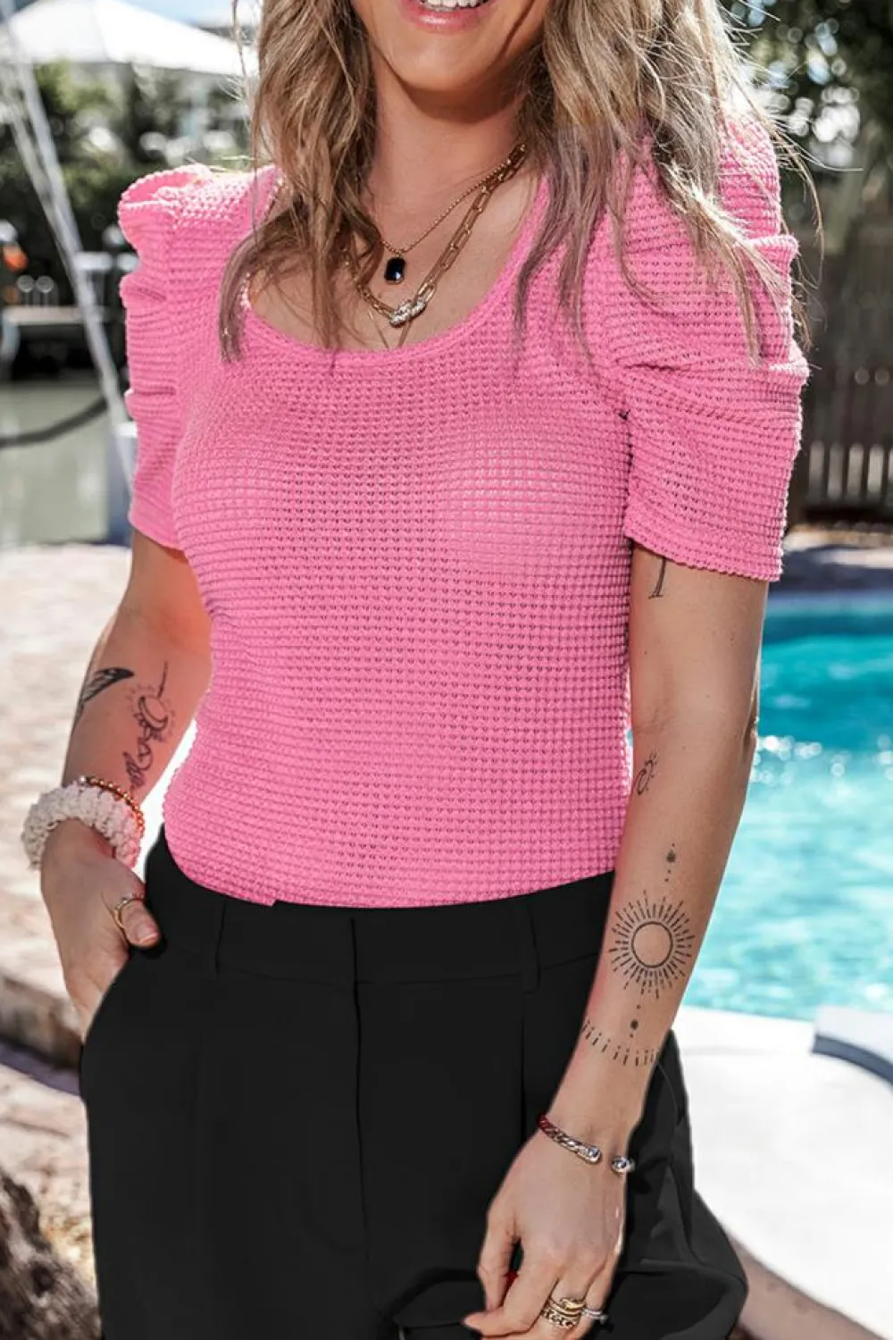 Hot Dear-Lover Waffle Knit Ruched Puff Sleeve Top Bright Pink