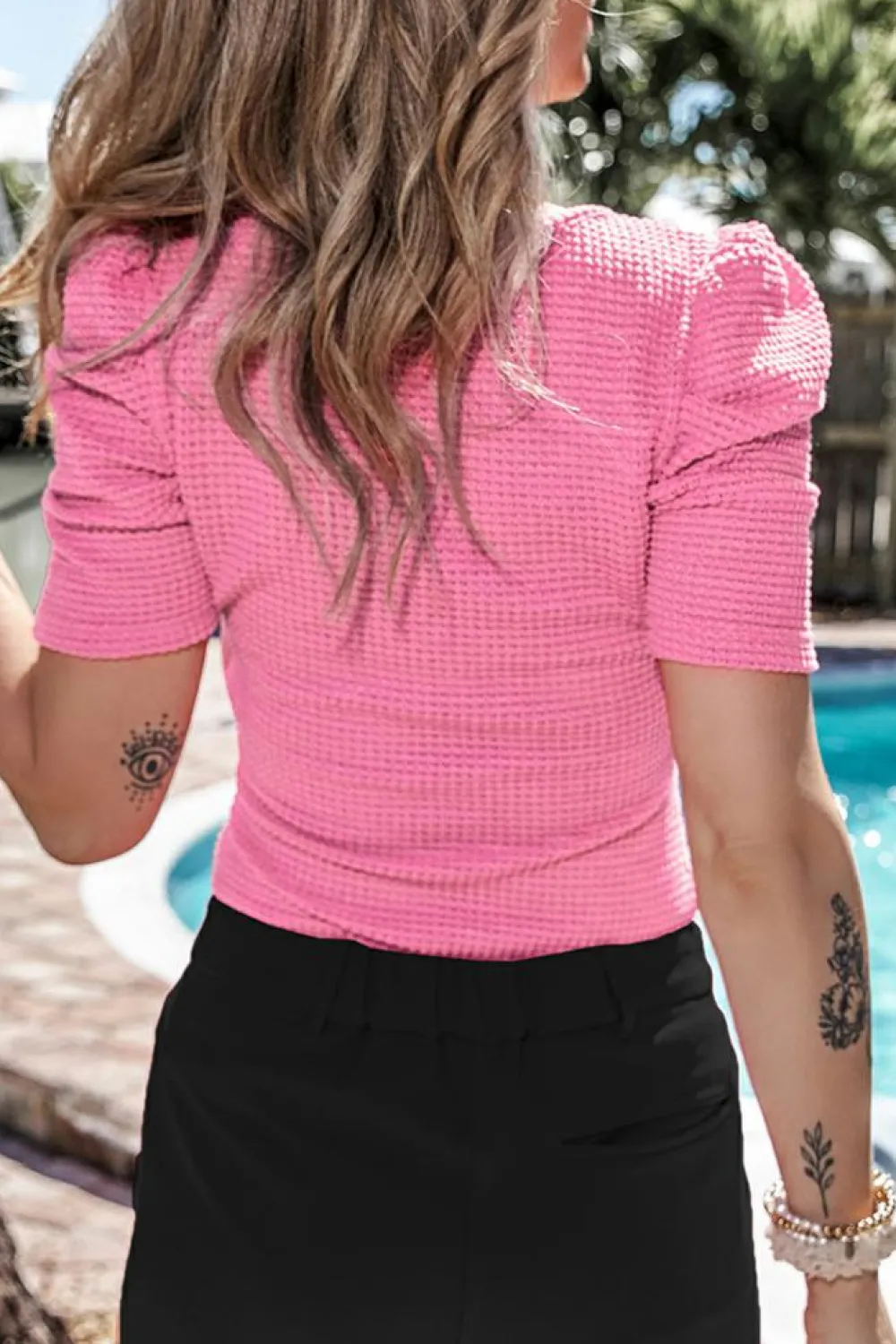 Hot Dear-Lover Waffle Knit Ruched Puff Sleeve Top Bright Pink