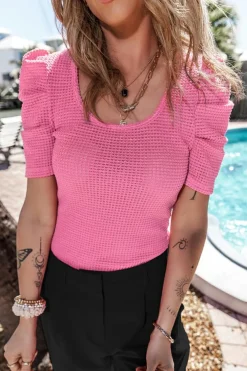Hot Dear-Lover Waffle Knit Ruched Puff Sleeve Top Bright Pink
