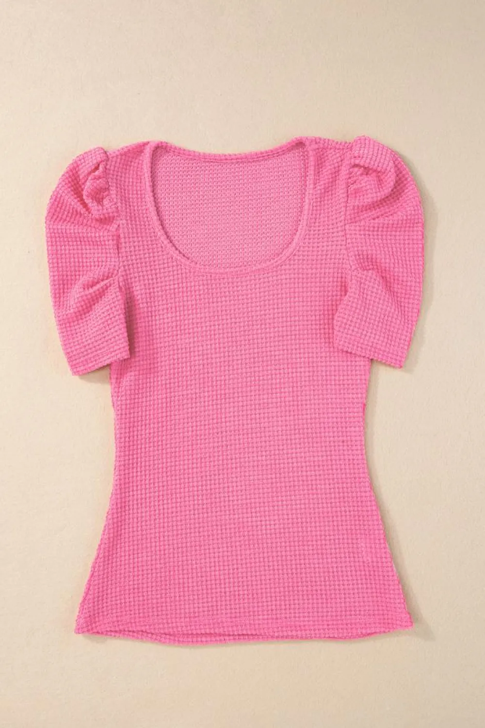 Hot Dear-Lover Waffle Knit Ruched Puff Sleeve Top Bright Pink