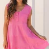 Hot Dear-Lover Waffle Textured Button Round Neck A-line Tiered Sleeveless Dress Bright Pink