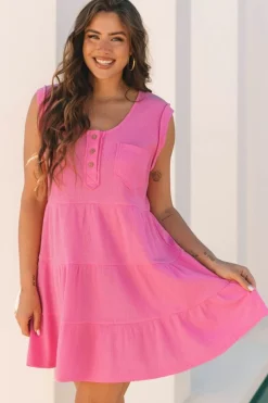 Hot Dear-Lover Waffle Textured Button Round Neck A-line Tiered Sleeveless Dress Bright Pink