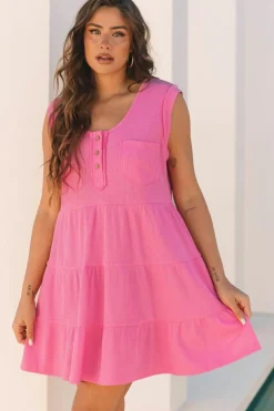 Hot Dear-Lover Waffle Textured Button Round Neck A-line Tiered Sleeveless Dress Bright Pink