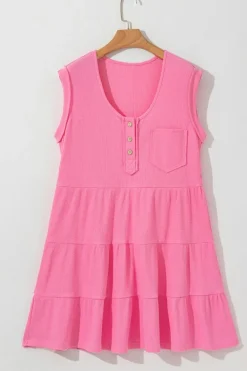 Hot Dear-Lover Waffle Textured Button Round Neck A-line Tiered Sleeveless Dress Bright Pink