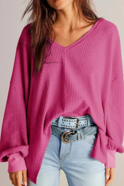 Clearance Dear-Lover Waffle V Neck Long Sleeve Drop Shoulder Loose Blouse Bright Pink