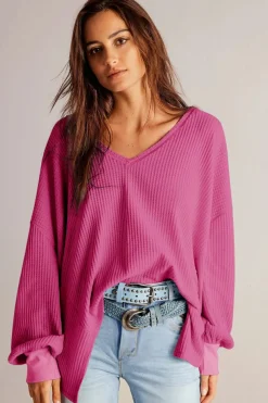 Clearance Dear-Lover Waffle V Neck Long Sleeve Drop Shoulder Loose Blouse Bright Pink