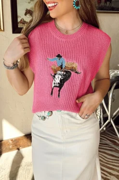 Fashion Dear-Lover Western Cowboy Embroidery Round Neck Sleeveless Sweater Bright Pink