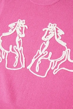 Clearance Dear-Lover Western Horse Embroidered Round Neck Sweater Tee Bright Pink