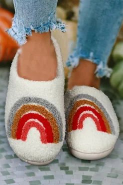 Best Dear-Lover Bright Rainbow Plush Winter Home Slippers White