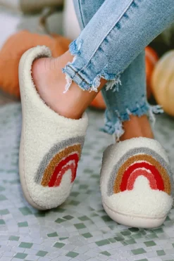 Best Dear-Lover Bright Rainbow Plush Winter Home Slippers White