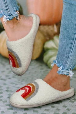 Best Dear-Lover Bright Rainbow Plush Winter Home Slippers White