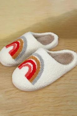 Best Dear-Lover Bright Rainbow Plush Winter Home Slippers White
