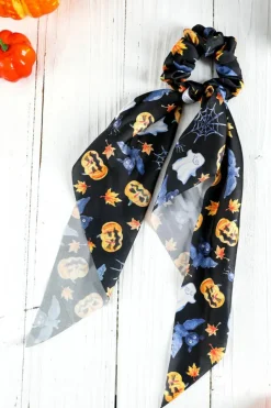 Online Dear-Lover Halloween Pumpkin Face Printed Satin Scrunch Hair Tie Bristol Black