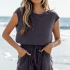 Discount Dear-Lover Knit Open Back Cap Sleeve Drawstring Romper Bristol Black