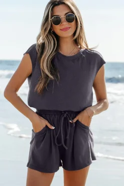 Discount Dear-Lover Knit Open Back Cap Sleeve Drawstring Romper Bristol Black