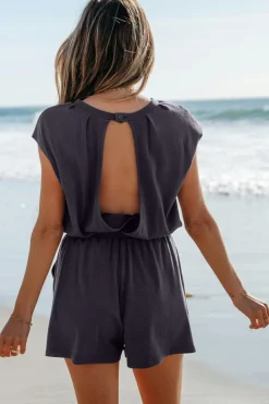 Discount Dear-Lover Knit Open Back Cap Sleeve Drawstring Romper Bristol Black