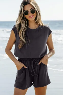 Discount Dear-Lover Knit Open Back Cap Sleeve Drawstring Romper Bristol Black