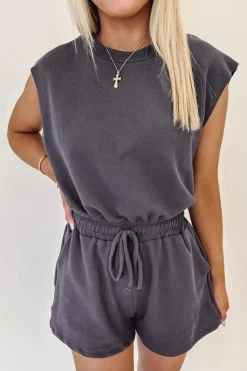 Discount Dear-Lover Knit Open Back Cap Sleeve Drawstring Romper Bristol Black