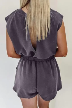 Discount Dear-Lover Knit Open Back Cap Sleeve Drawstring Romper Bristol Black