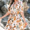 Fashion Dear-Lover Abstract Printed Puff Sleeve Button Up Braided Belt Mini Dress Brown