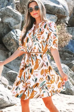 Fashion Dear-Lover Abstract Printed Puff Sleeve Button Up Braided Belt Mini Dress Brown