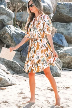 Fashion Dear-Lover Abstract Printed Puff Sleeve Button Up Braided Belt Mini Dress Brown