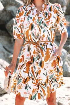Fashion Dear-Lover Abstract Printed Puff Sleeve Button Up Braided Belt Mini Dress Brown