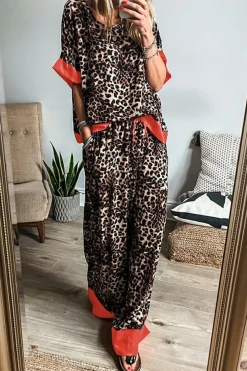 Online Dear-Lover Animal Print Color Contrast Edge Loose Fit Pants Set Brown