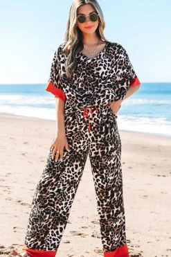 Online Dear-Lover Animal Print Color Contrast Edge Loose Fit Pants Set Brown