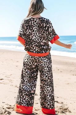 Online Dear-Lover Animal Print Color Contrast Edge Loose Fit Pants Set Brown