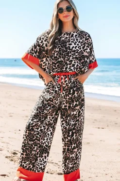 Online Dear-Lover Animal Print Color Contrast Edge Loose Fit Pants Set Brown