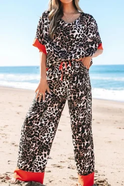 Online Dear-Lover Animal Print Color Contrast Edge Loose Fit Pants Set Brown